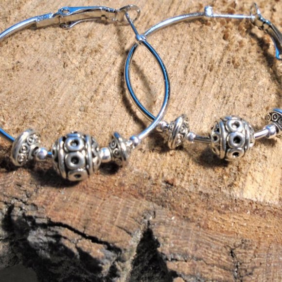 2/$25 Pretty Large Hoops earrings Tibet Antique Silver oxidized Bali beads - Picture 3 of 5